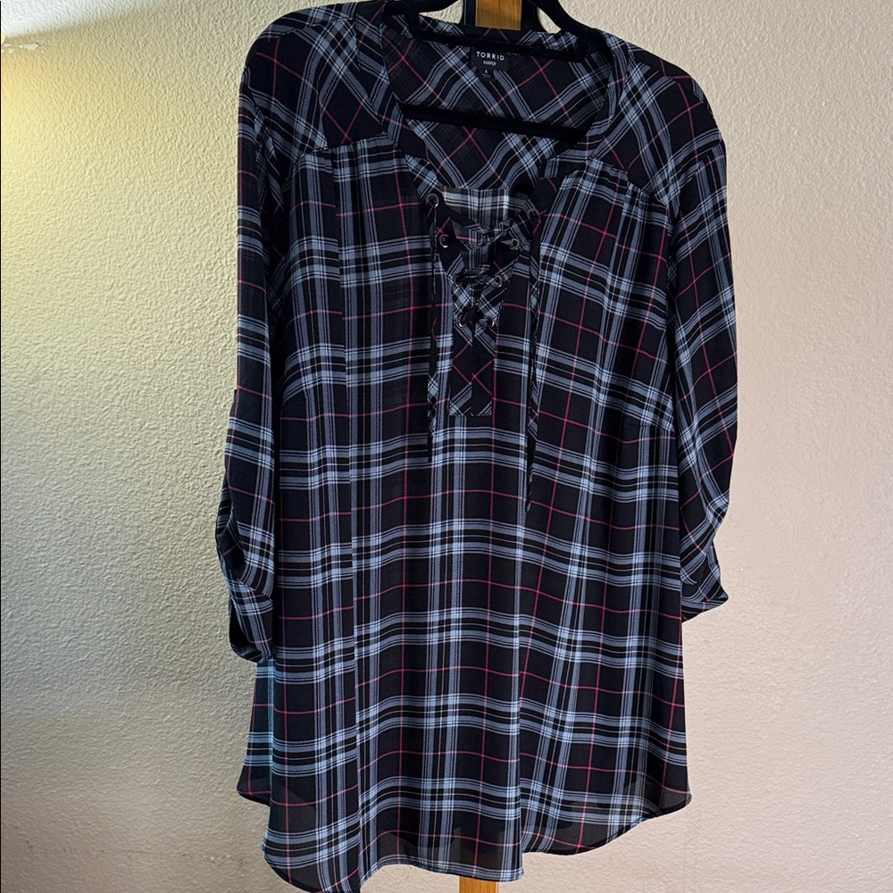 Torrid Plaid Lace-Up Tunic in Black, Light Blue, and Pink